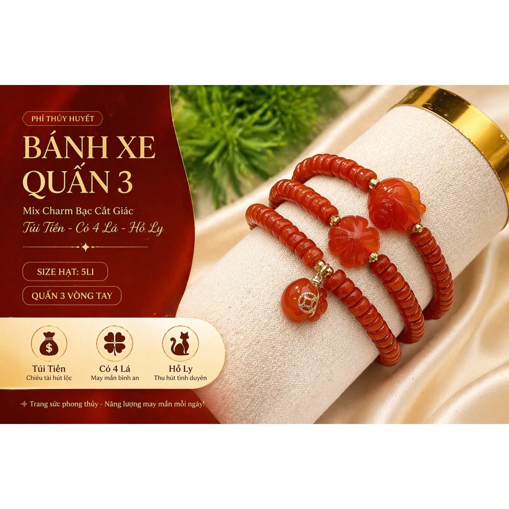 VÒNG TAY PHỈ THÚY HUYẾT BÁNH XE QUẤN 3 – MIX CHARM BẠC TÚI TIỀN • CỎ 4 LÁ • HỒ LY